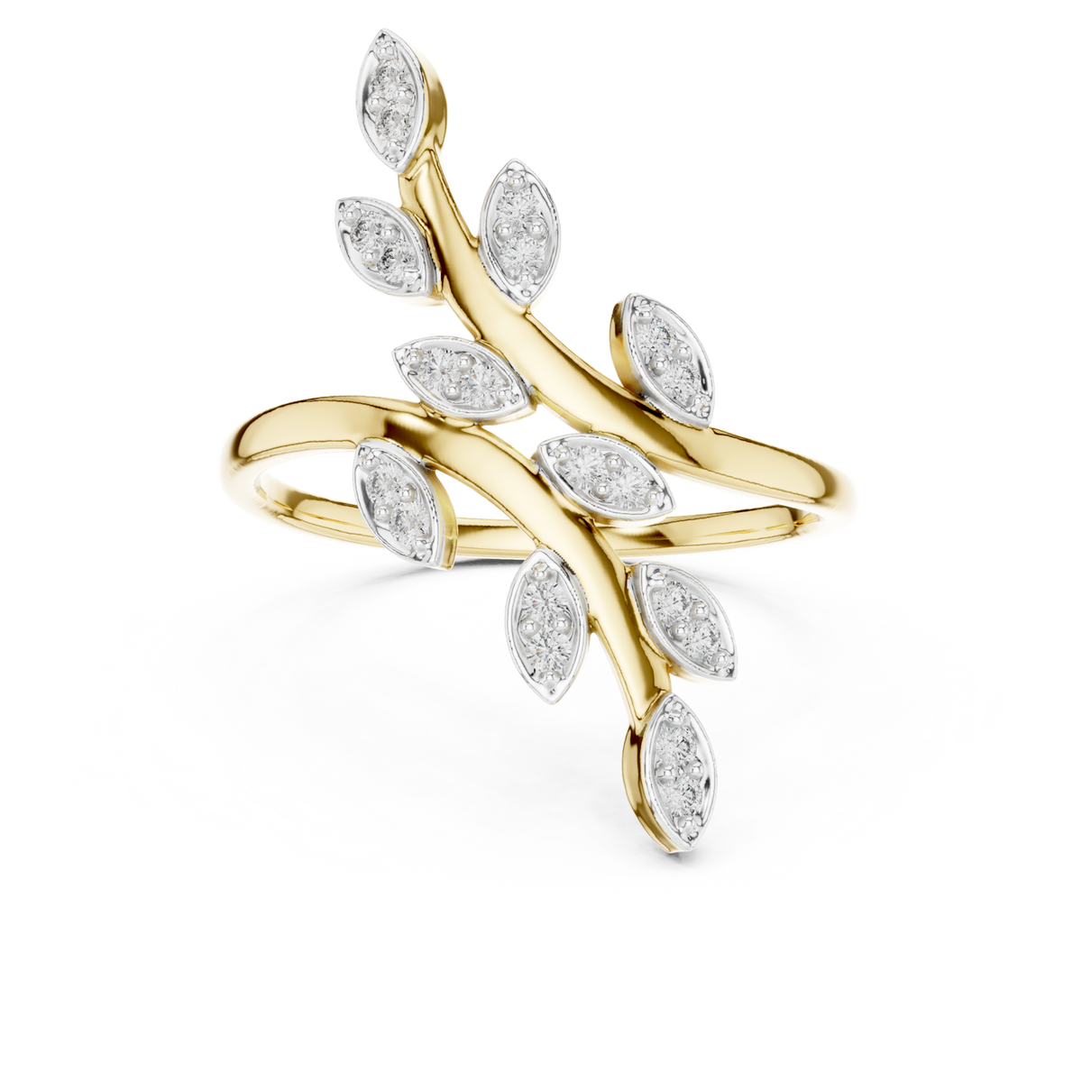 14K Solid Gold Lab Diamond Leaf Cluster Ring, Yellow Gold