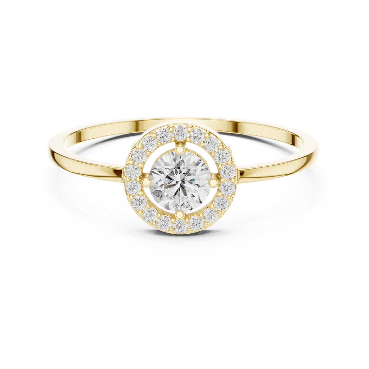 14K Solid Gold Lab Diamond Halo Ring, Yellow Gold