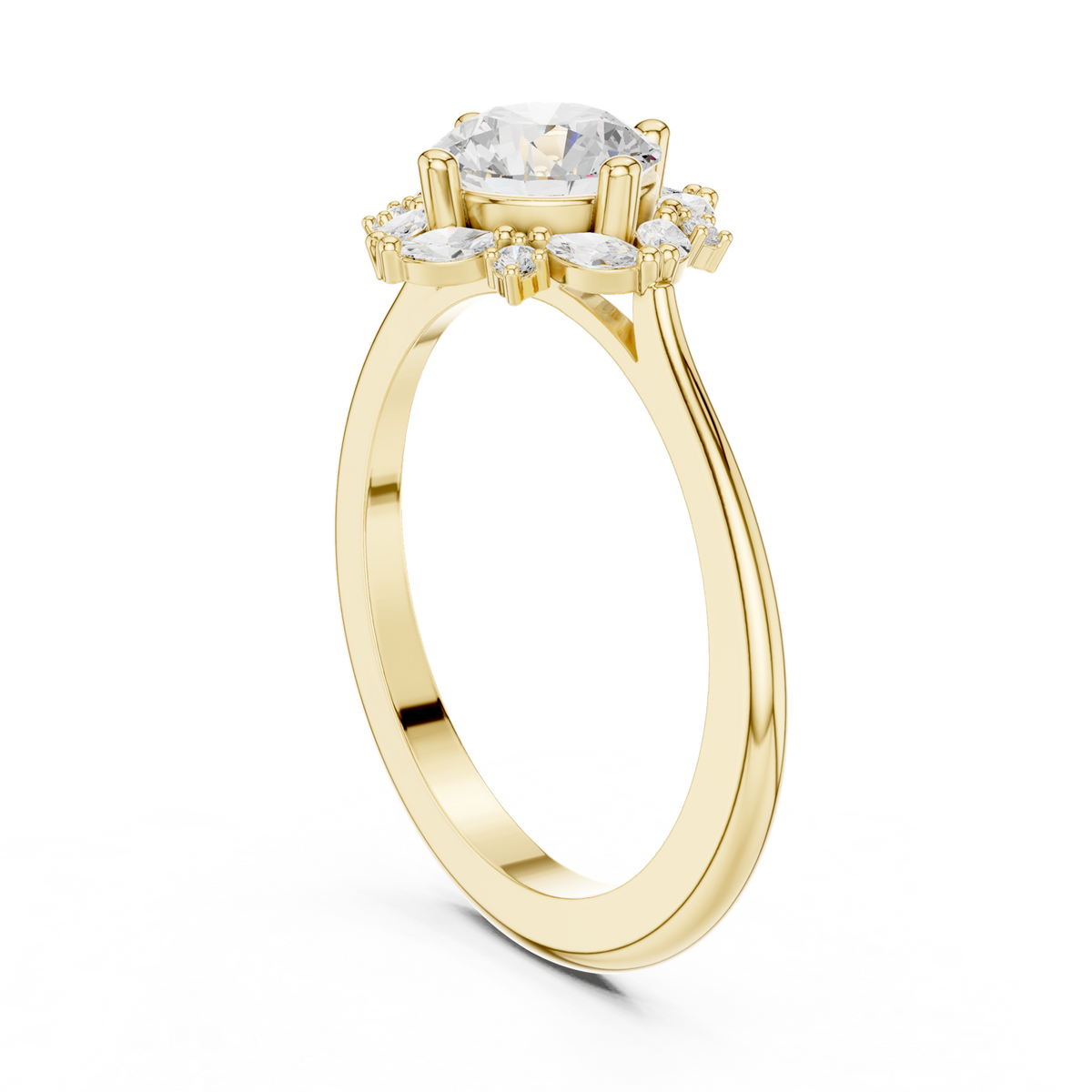 14K Solid Gold Lab Diamond Flower Halo Ring, Yellow Gold, view 1