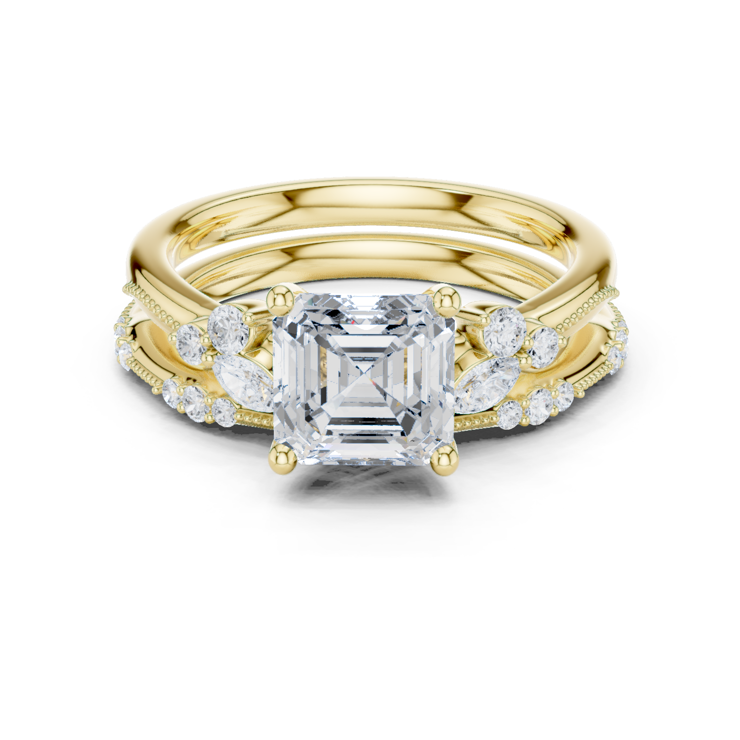Gold Ring DDLR-299, Asscher center stone, Yellow Gold