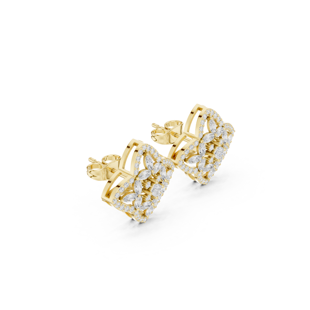 14K Solid Gold Lab Diamond Clover Cluster Earrings, Yellow Gold, view 1
