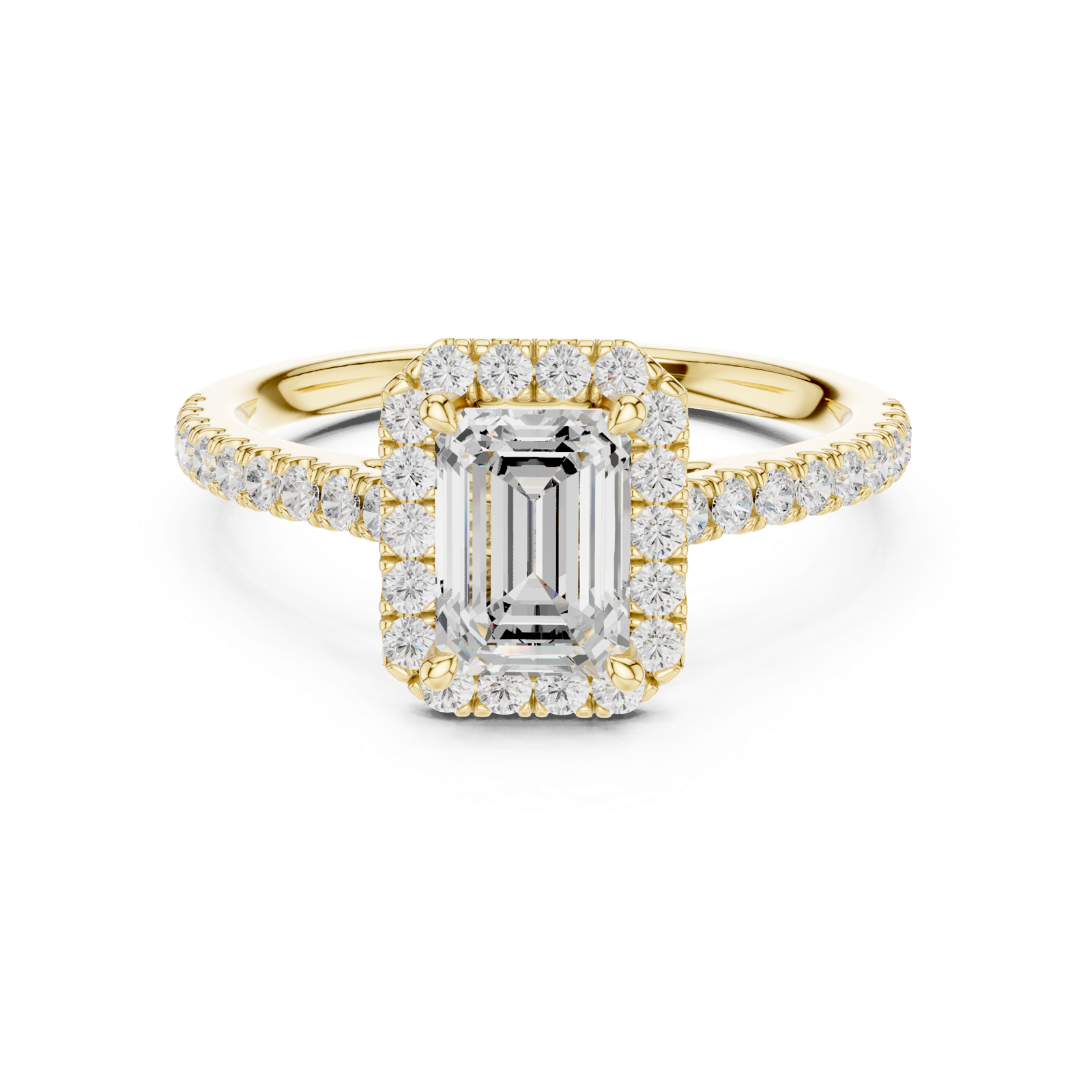 Gold Halo Pave Engagement Ring, Emerald center stone, Yellow Gold, view 4