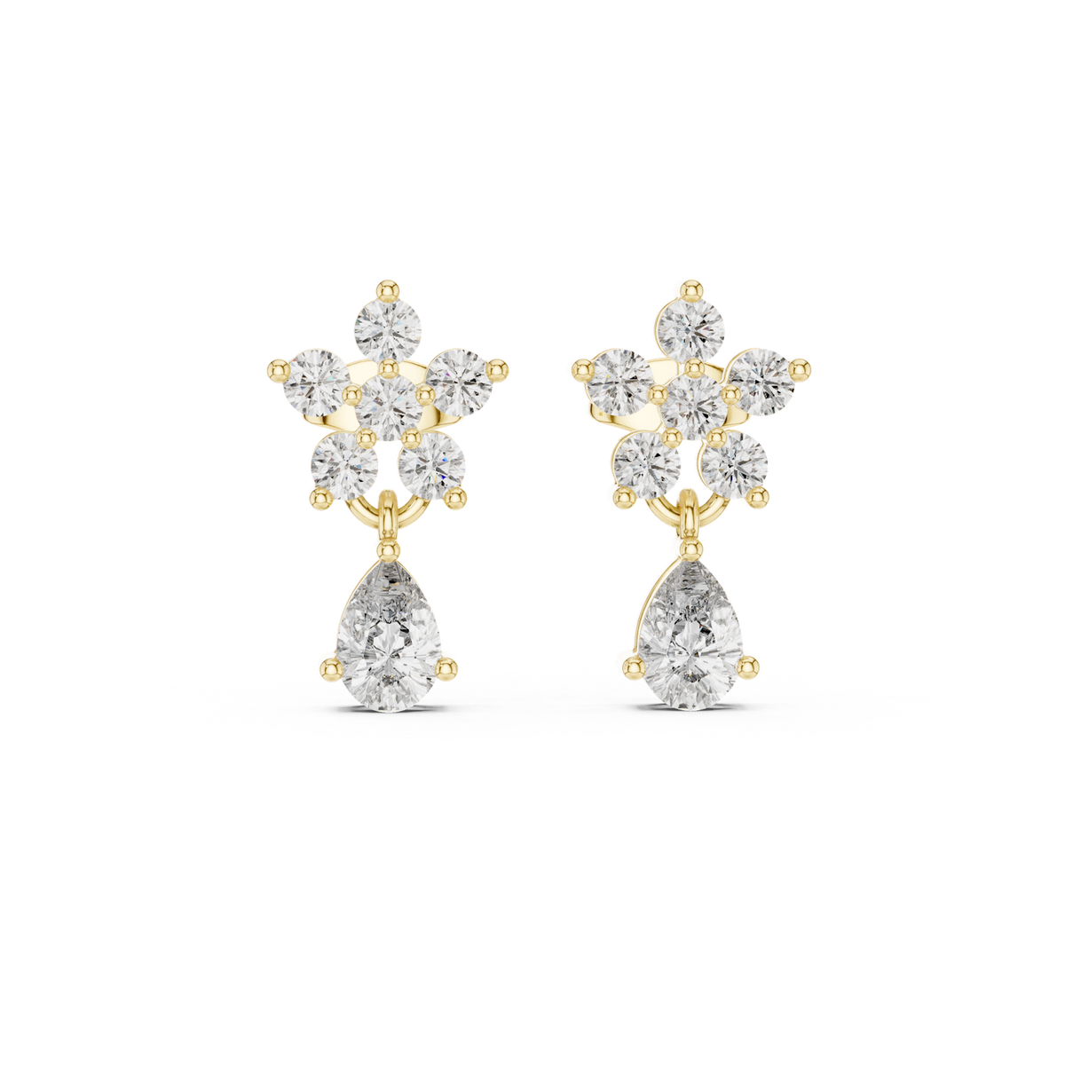 14K Solid Gold Lab Diamond Flower Drop Earrings, Yellow Gold