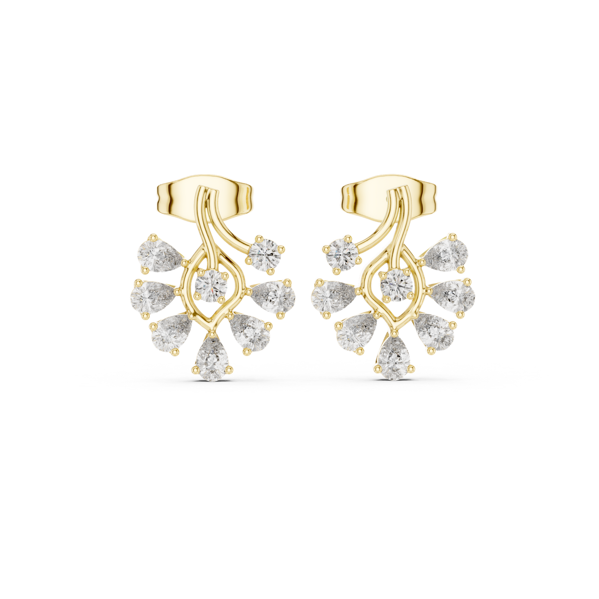 14K Solid Gold Lab Diamond Flower Cluster Earrings, Yellow Gold