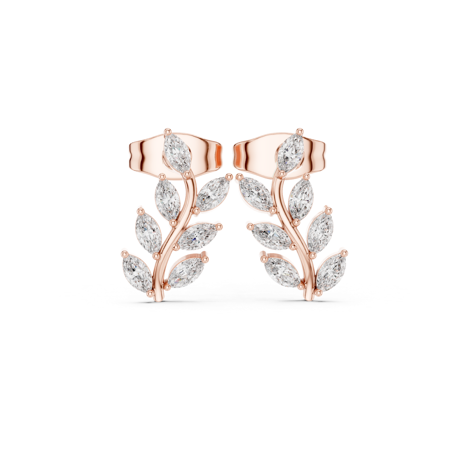 14K Solid Gold Lab Diamond Leaf Drop Earrings, Rose Gold