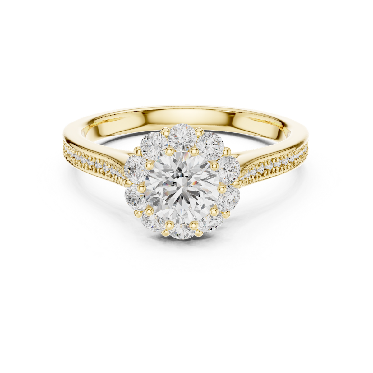 14K Solid Gold Lab Diamond Halo Ring, Yellow Gold