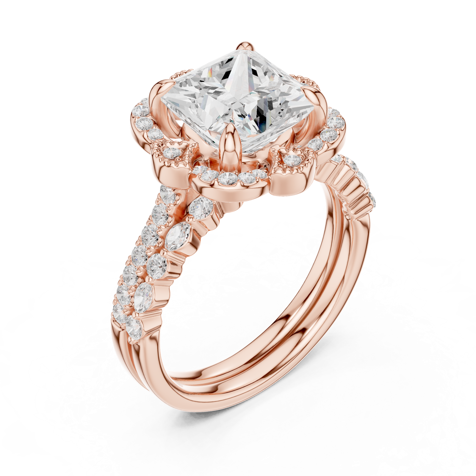 Gold Ring DDLR-442, Princess center stone, Rose Gold, view 2