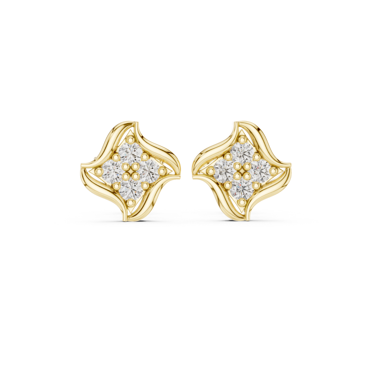 14K Solid Gold Lab Diamond Clover Cluster Earrings, Yellow Gold