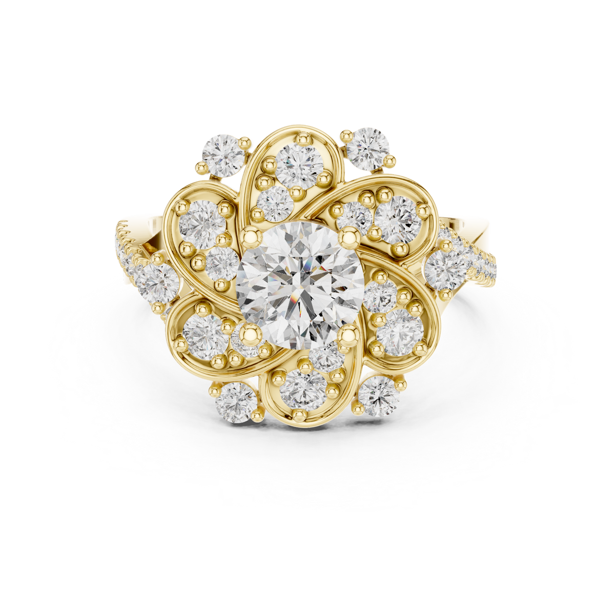 14K Solid Gold Lab Diamond Flower Vintage Ring, Yellow Gold