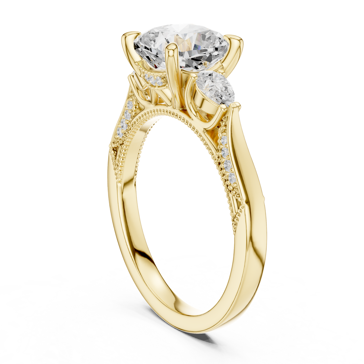 14K Solid Gold Lab Diamond Three-Stone Ring, Yellow Gold, view 1