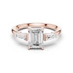 Gold Three-Stone Baguette Engagement Ring, Emerald center stone, Rose Gold