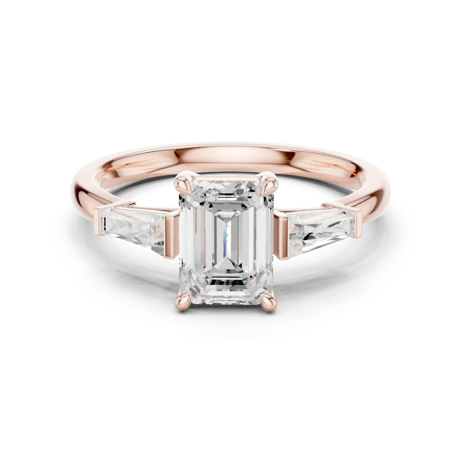 Gold Three-Stone Baguette Engagement Ring, Emerald center stone, Rose Gold