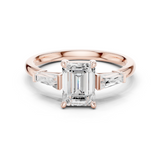 Gold Three-Stone Baguette Engagement Ring, Emerald center stone, Rose Gold