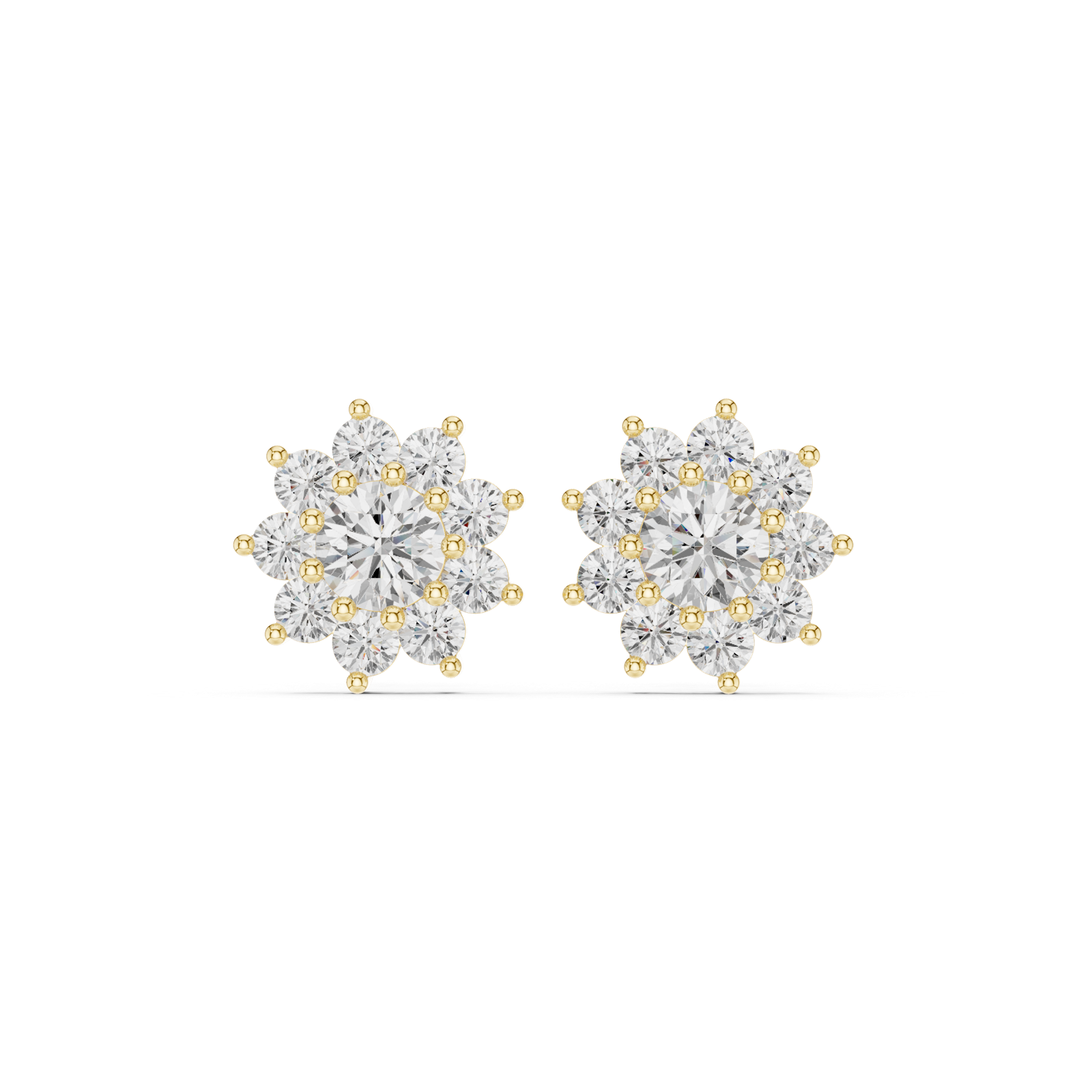 14K Solid Gold Lab Diamond Flower Cluster Earrings, Yellow Gold