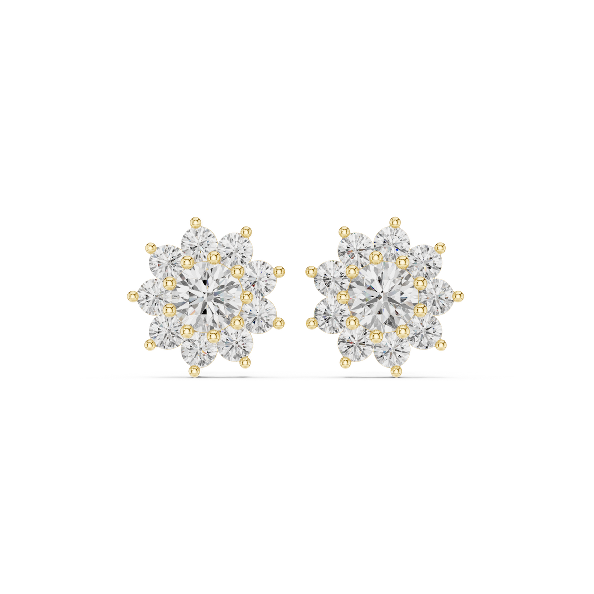 14K Solid Gold Lab Diamond Flower Cluster Earrings, Yellow Gold