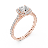 Gold Halo Pave Engagement Ring, Cushion center stone, Rose Gold, view 2