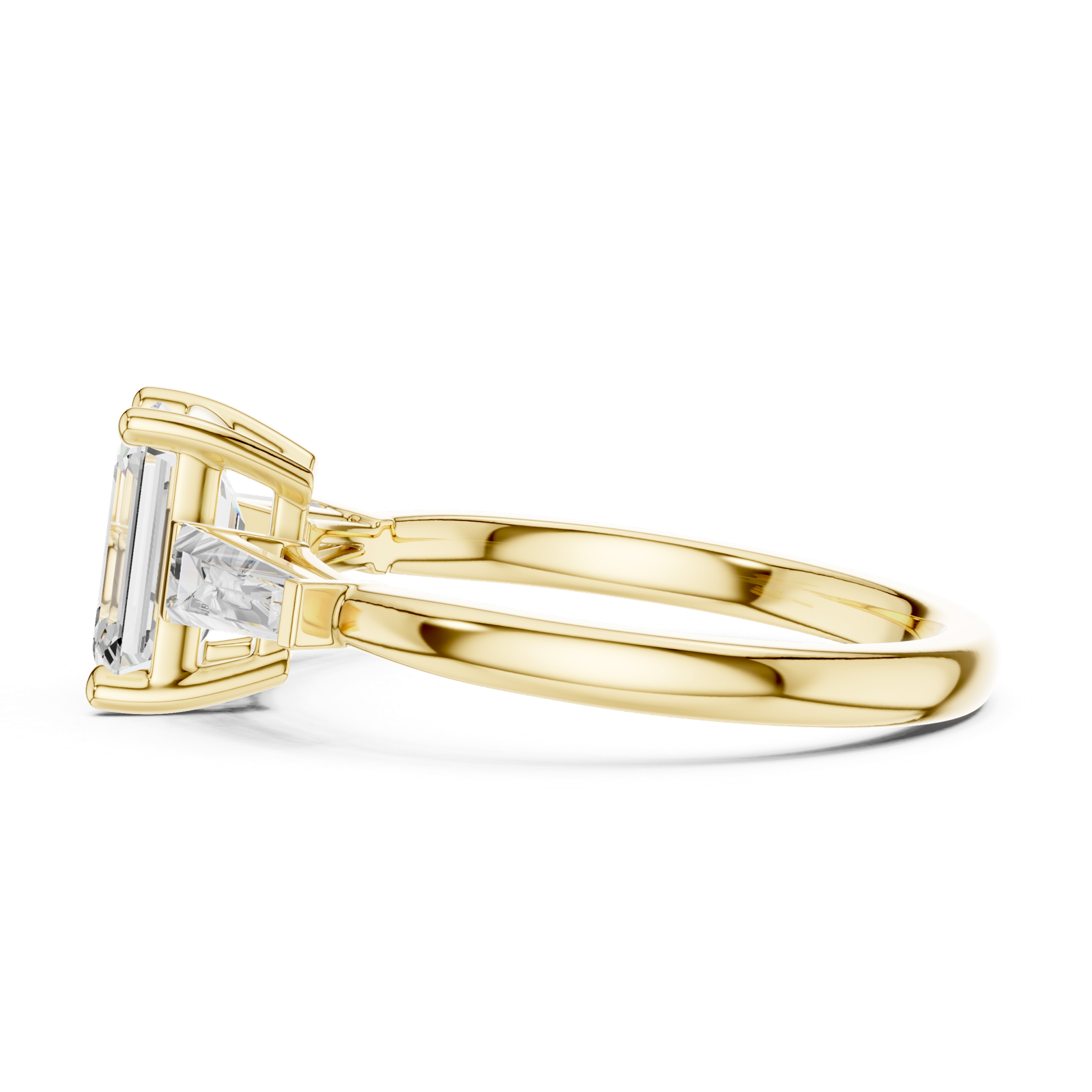 Gold Three-Stone Baguette Engagement Ring, Emerald center stone, Yellow Gold, view 3