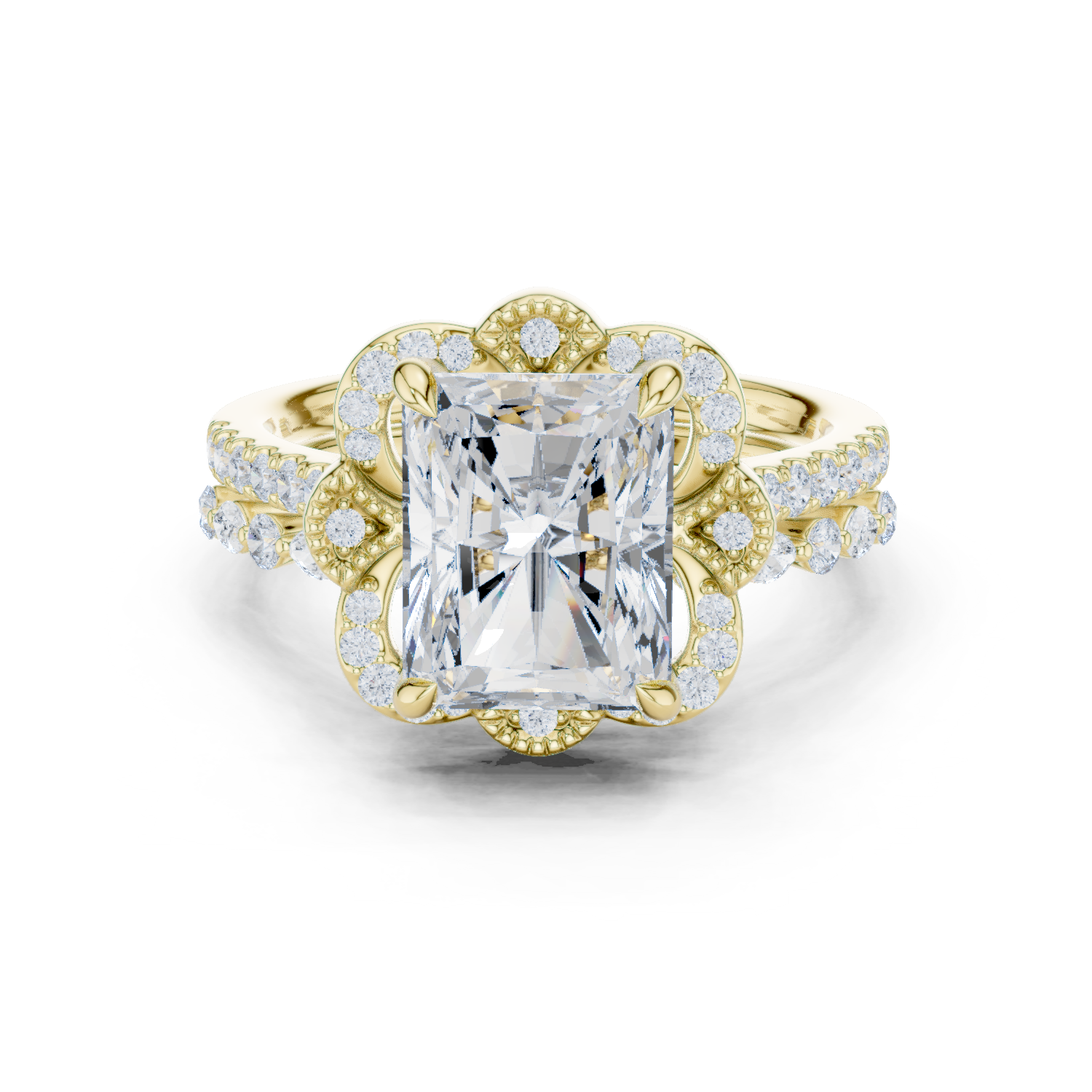 Gold Ring DDLR-442, Radiant center stone, Yellow Gold