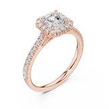 Gold Halo Pave Engagement Ring, Asscher center stone, Rose Gold, view 2