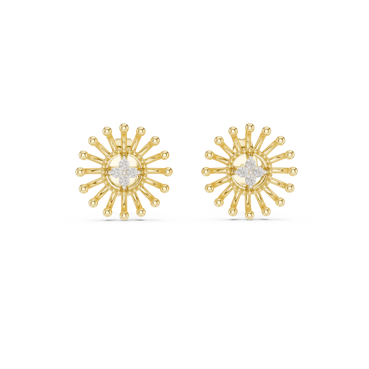 14K Solid Gold Lab Diamond Flower Stud Earrings, Yellow Gold