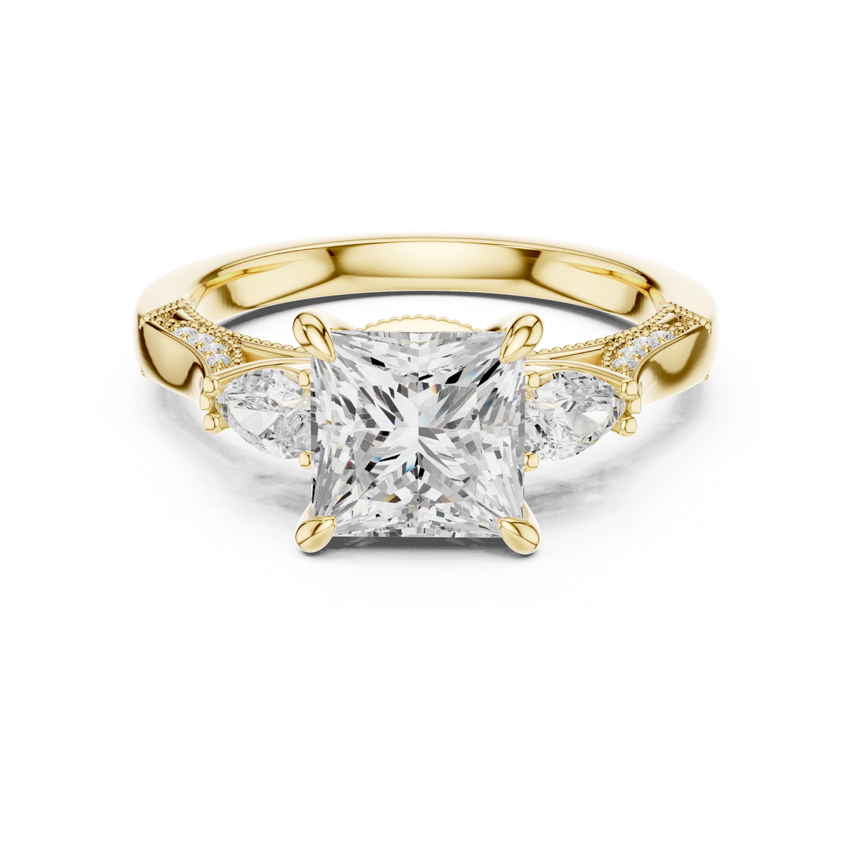 14K Solid Gold Lab Diamond Three-Stone Ring, Yellow Gold