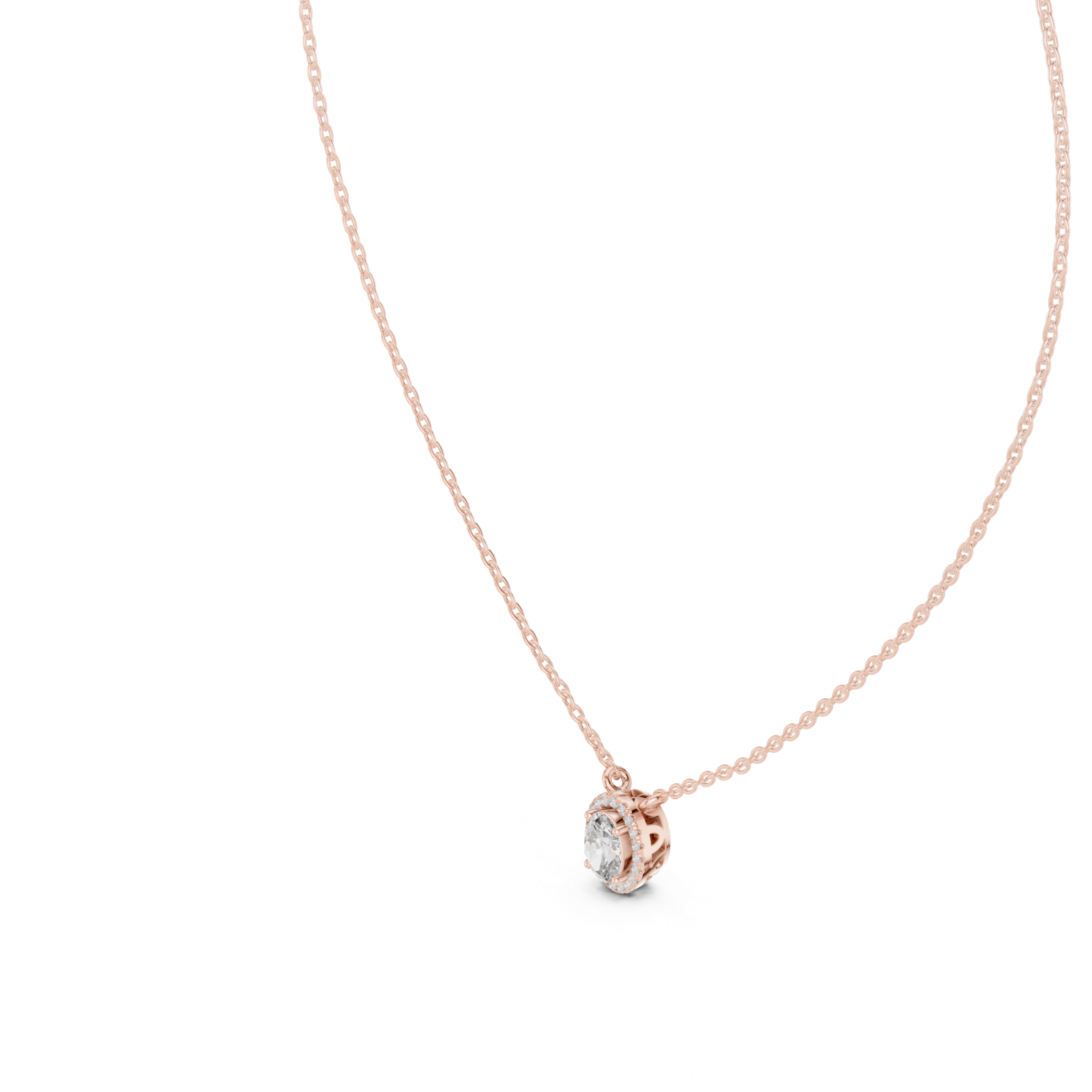 14K Solid Gold Lab Diamond Halo Pendant Necklace, Rose Gold, view 2