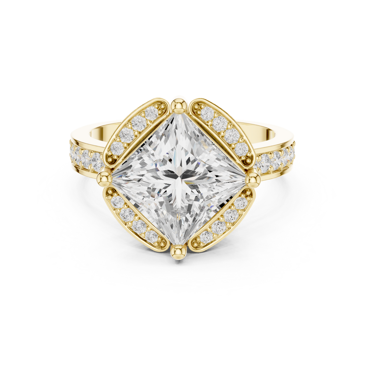 14K Solid Gold Lab Diamond Halo Ring, Yellow Gold