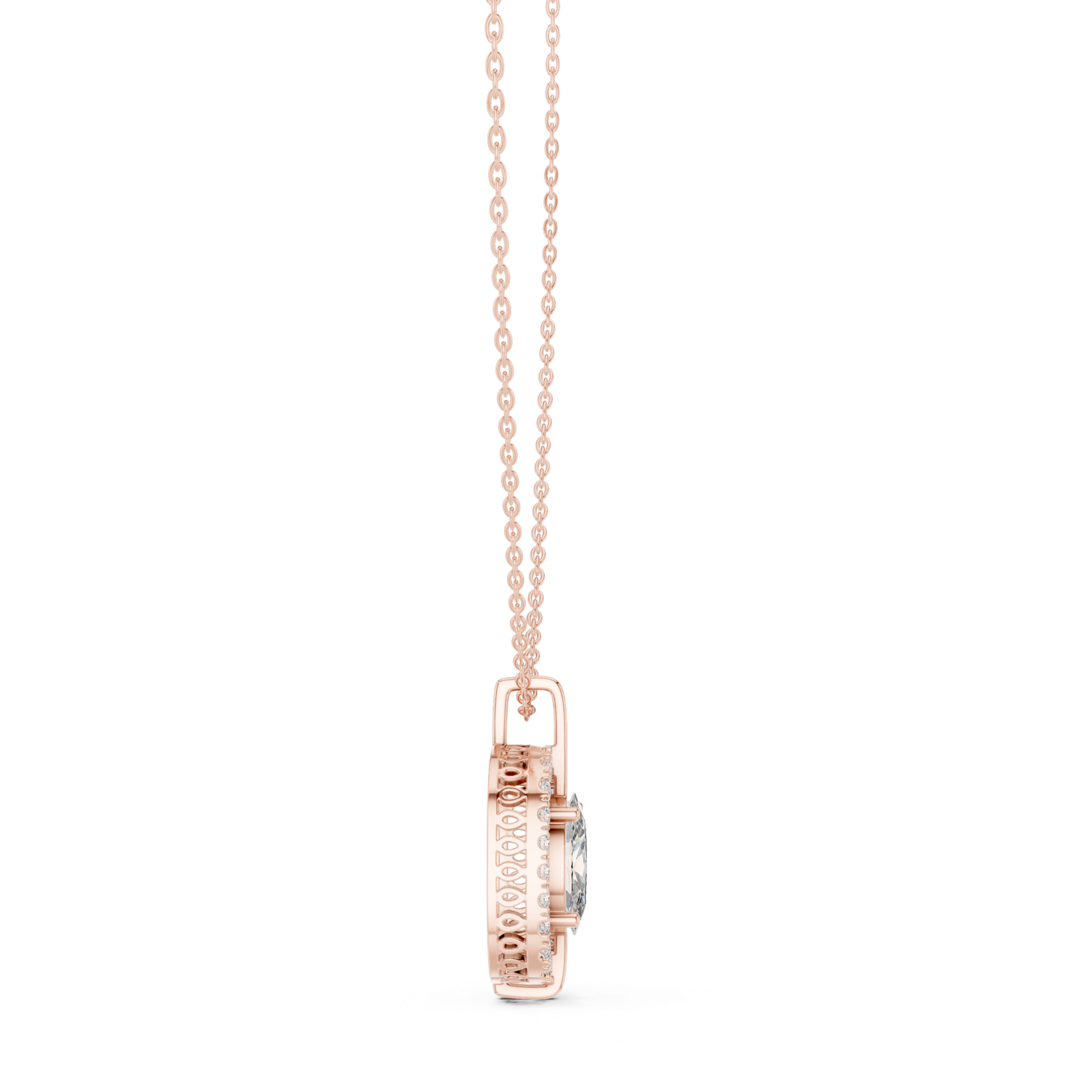 14K Solid Gold Lab Diamond Halo Pendant Necklace, Rose Gold, view 3