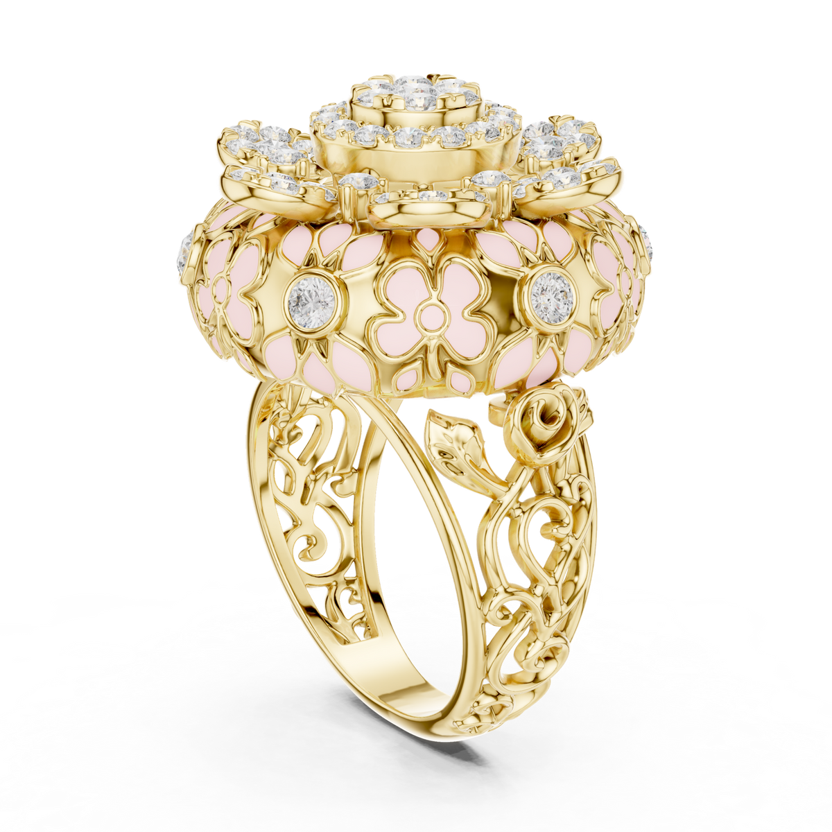 14K Solid Gold Lab Diamond Flower Halo Ring, Yellow Gold, view 1
