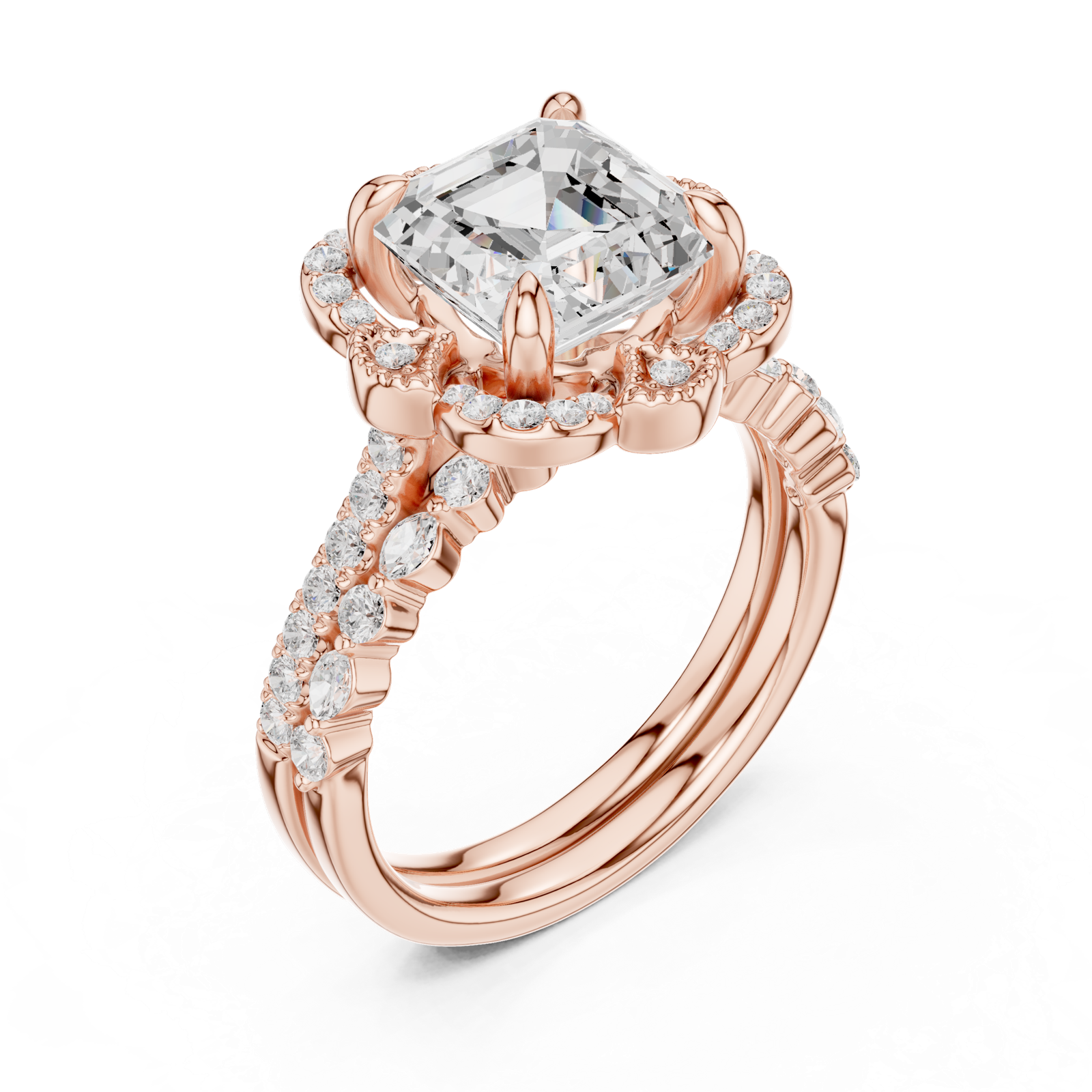 Gold Ring, Asscher center stone, Rose Gold, view 2