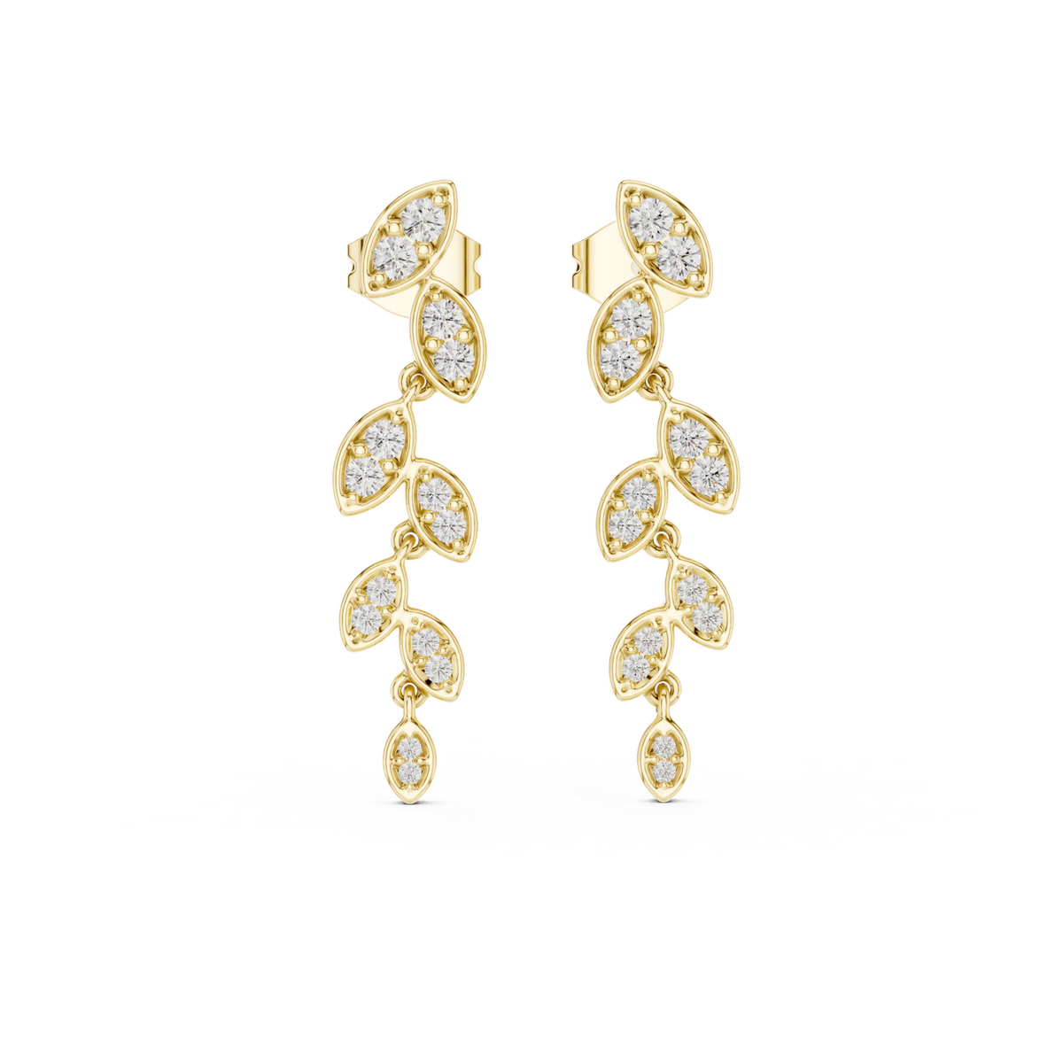 14K Solid Gold Lab Diamond Leaf Drop Earrings, Yellow Gold