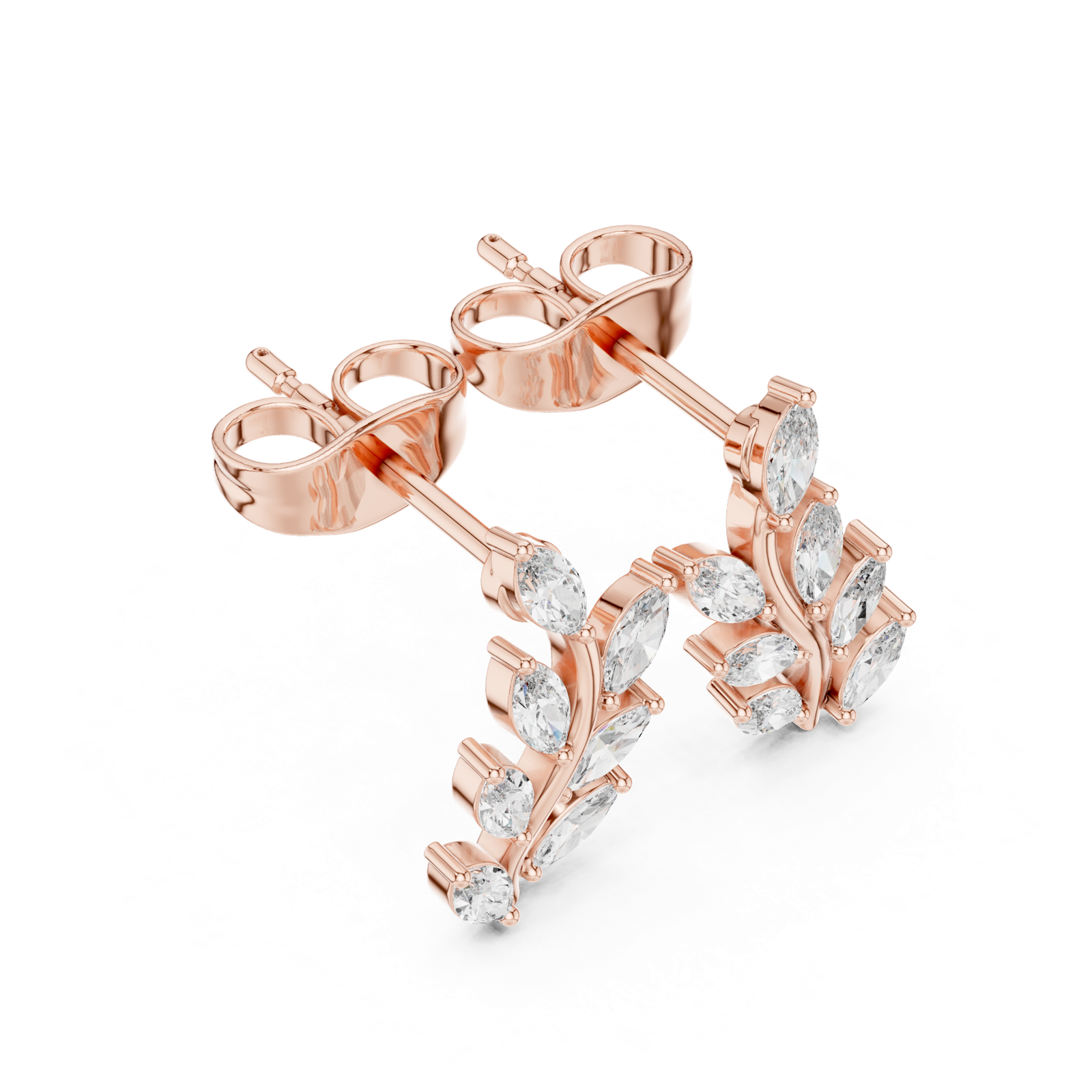 14K Solid Gold Lab Diamond Leaf Drop Earrings, Rose Gold, view 2