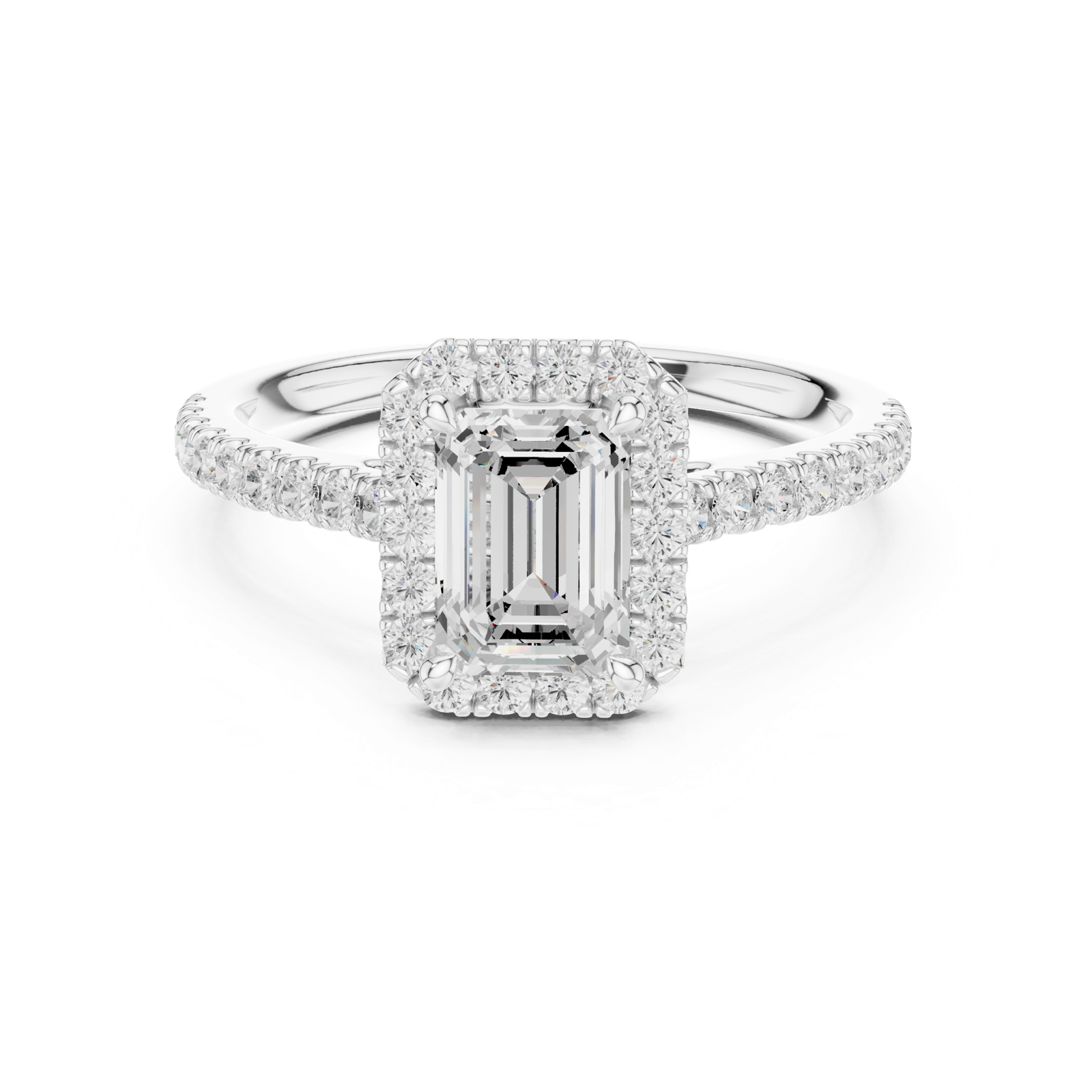 Gold Halo Pave Engagement Ring, Emerald center stone, White Gold, view 4
