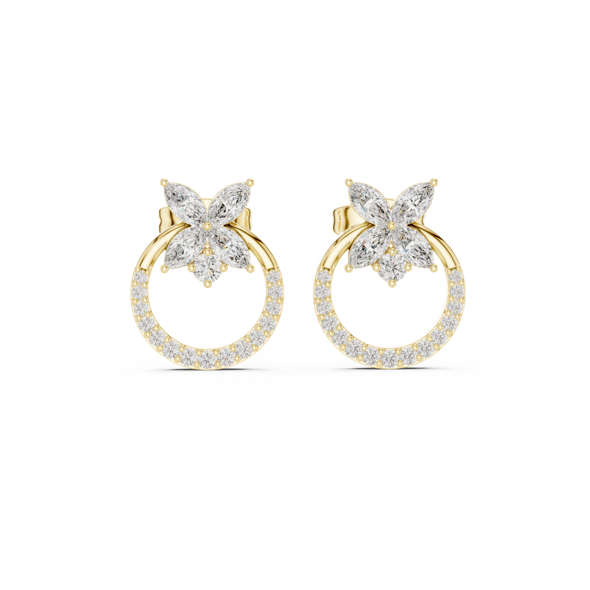 14K Solid Gold Lab Diamond Butterfly Cluster Earrings, Yellow Gold
