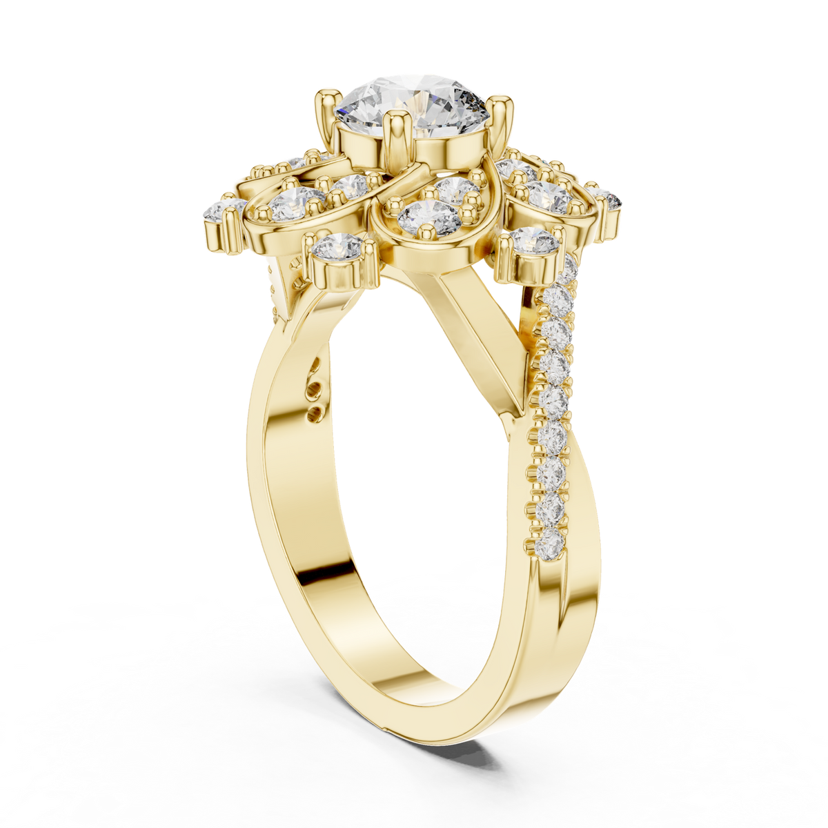 14K Solid Gold Lab Diamond Flower Vintage Ring, Yellow Gold, view 1