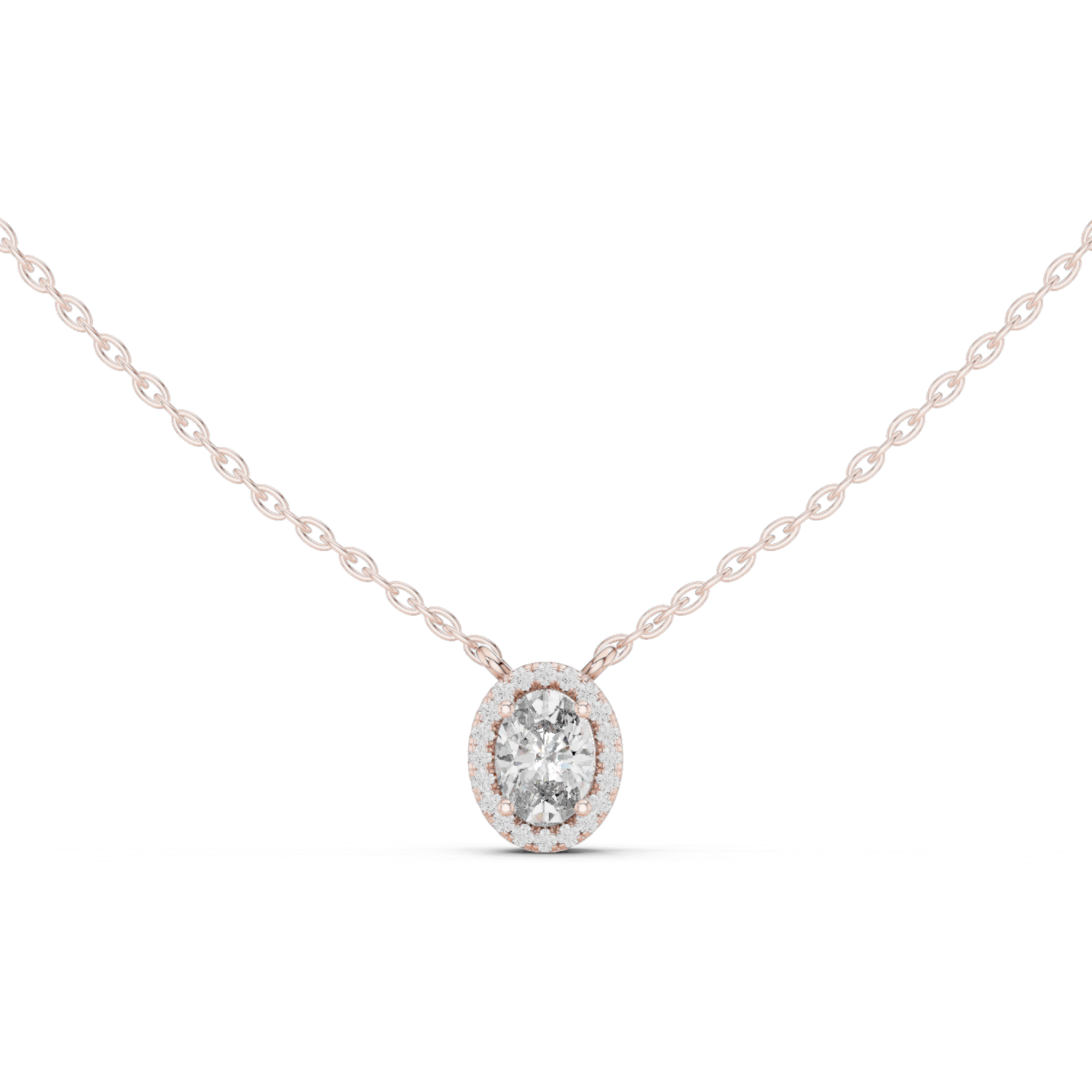 14K Solid Gold Lab Diamond Halo Pendant Necklace, Rose Gold