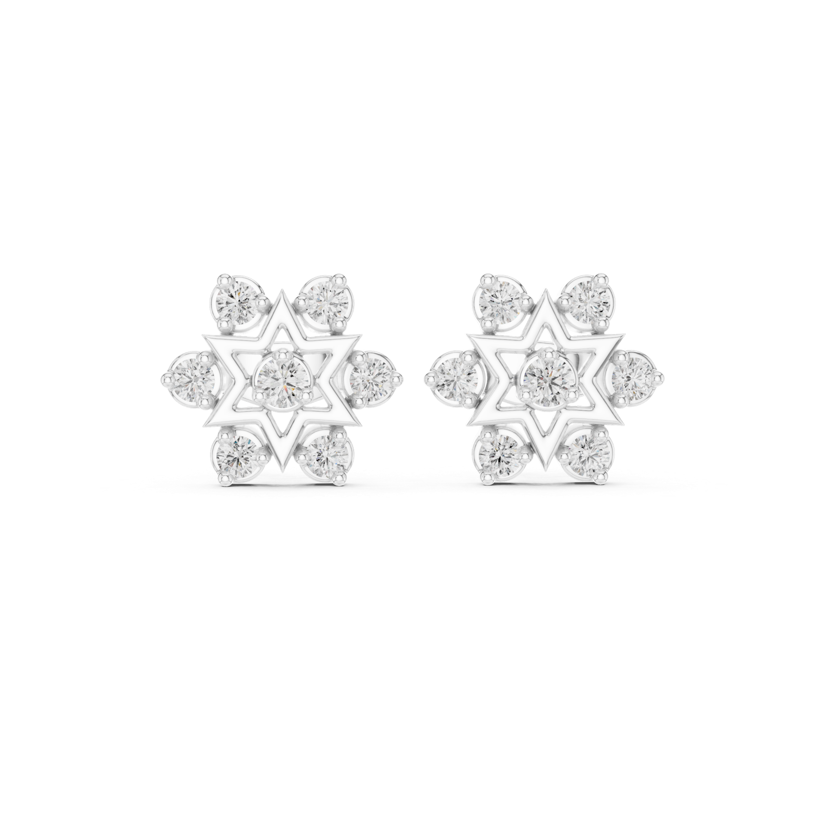 14K Solid Gold Lab Diamond Star Cluster Earrings, White Gold