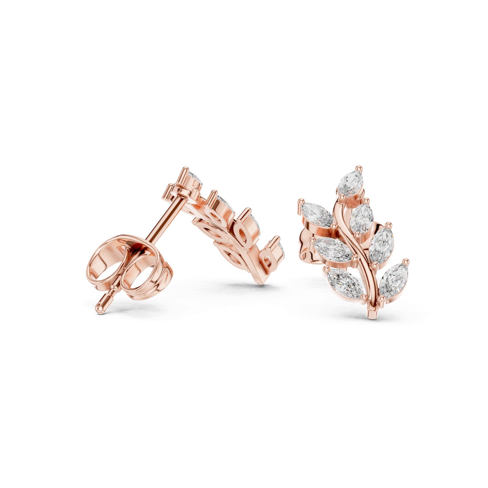 14K Solid Gold Lab Diamond Leaf Drop Earrings, Rose Gold, view 1