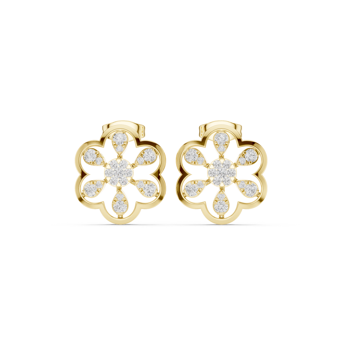 14K Solid Gold Lab Diamond Clover Cluster Earrings, Yellow Gold