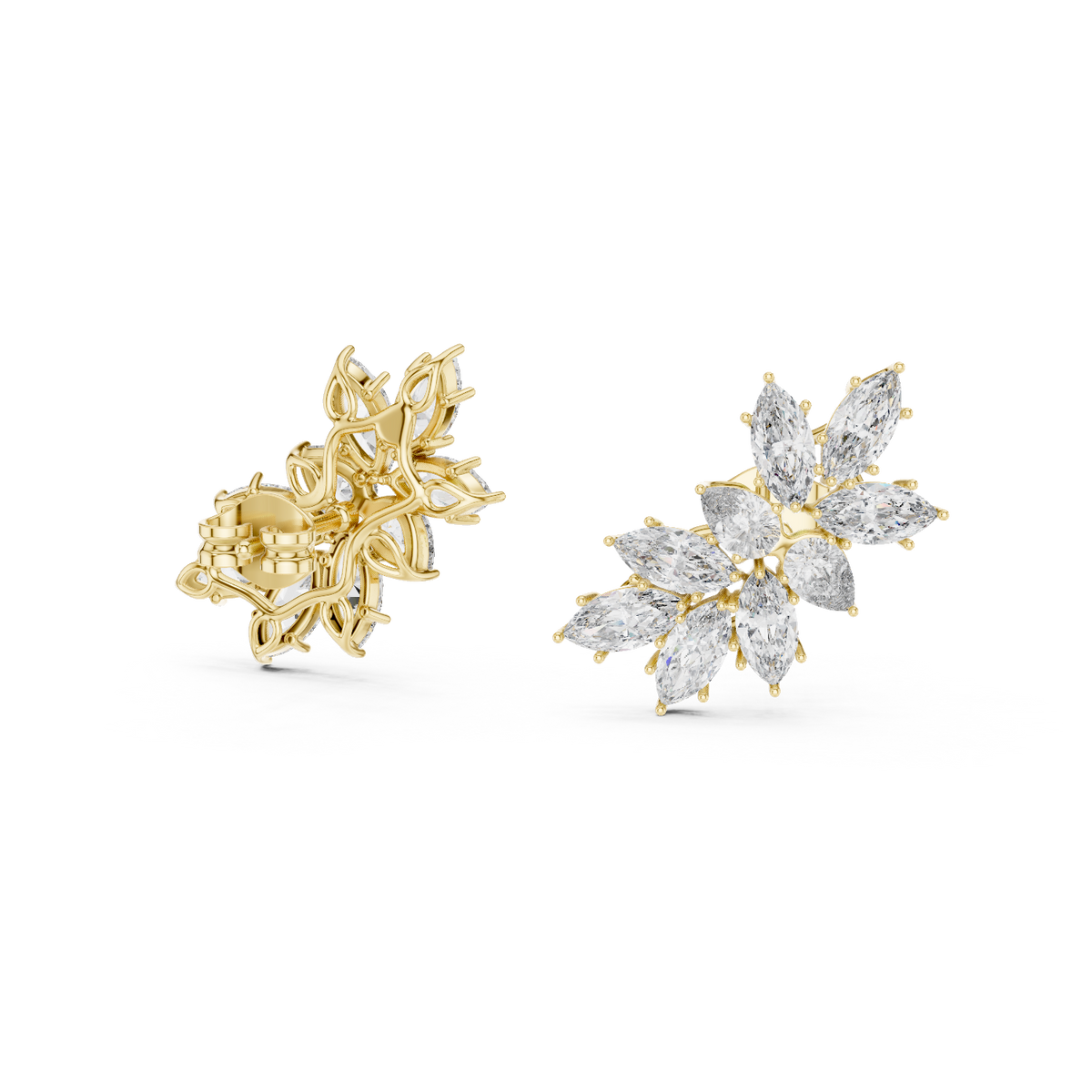 14K Solid Gold Lab Diamond Leaf Cluster Earrings, Yellow Gold, view 1