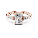 Gold Three-Stone Baguette Engagement Ring, Radiant center stone, Rose Gold, view 4