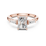 Gold Three-Stone Baguette Engagement Ring, Radiant center stone, Rose Gold, view 4