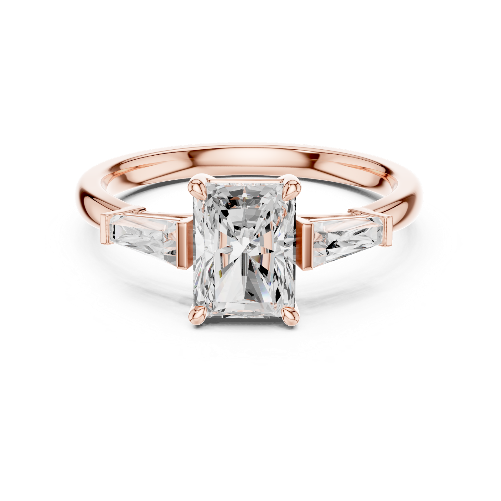 Gold Three-Stone Baguette Engagement Ring, Radiant center stone, Rose Gold, view 4