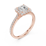 Gold Halo Pave Engagement Ring, Princess center stone, Rose Gold, view 2