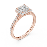 Gold Halo Pave Engagement Ring, Princess center stone, Rose Gold, view 2