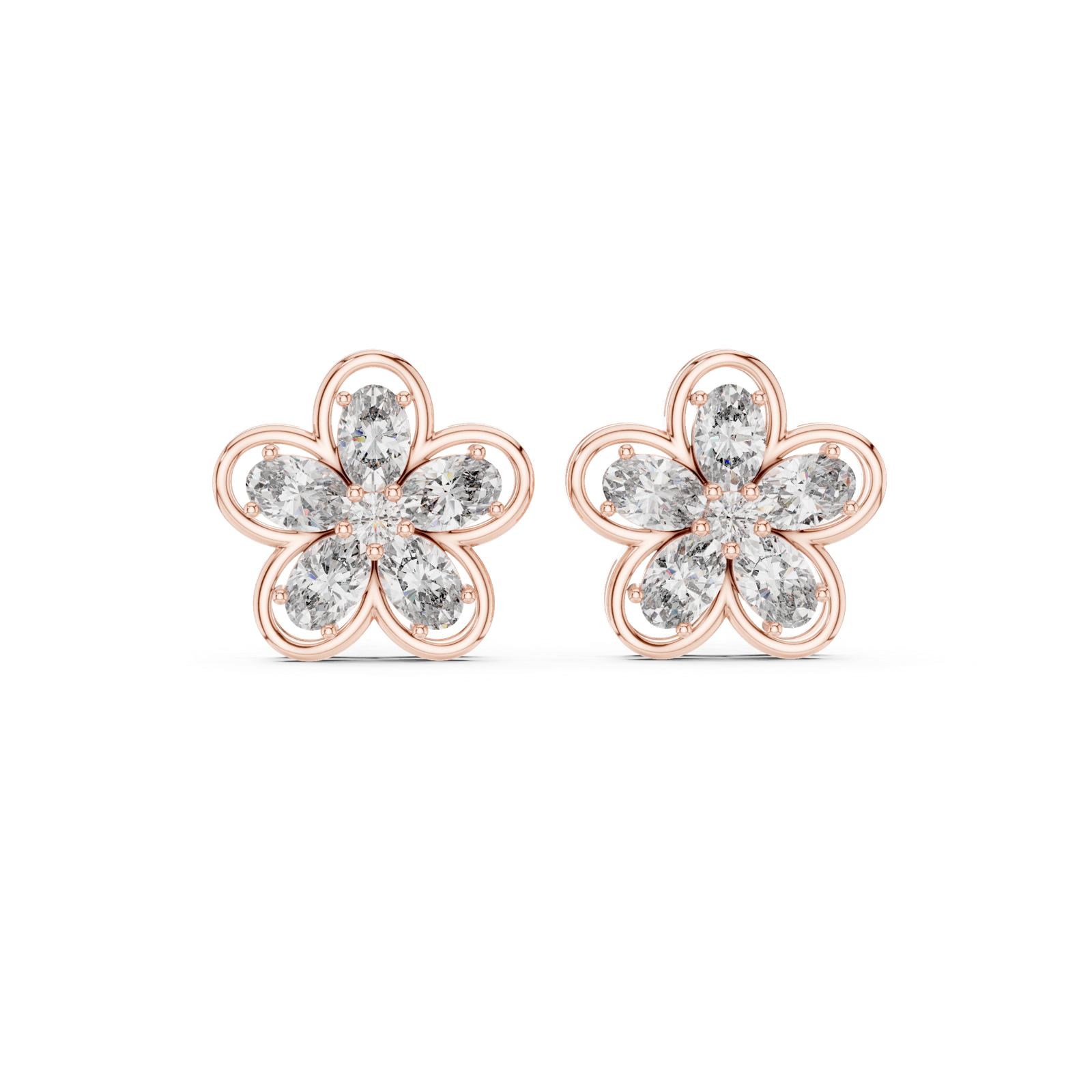 14K Solid Gold Lab Diamond Flower Cluster Earrings, Rose Gold
