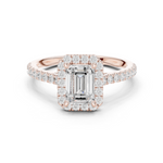 Gold Halo Pave Engagement Ring, Emerald center stone, Rose Gold