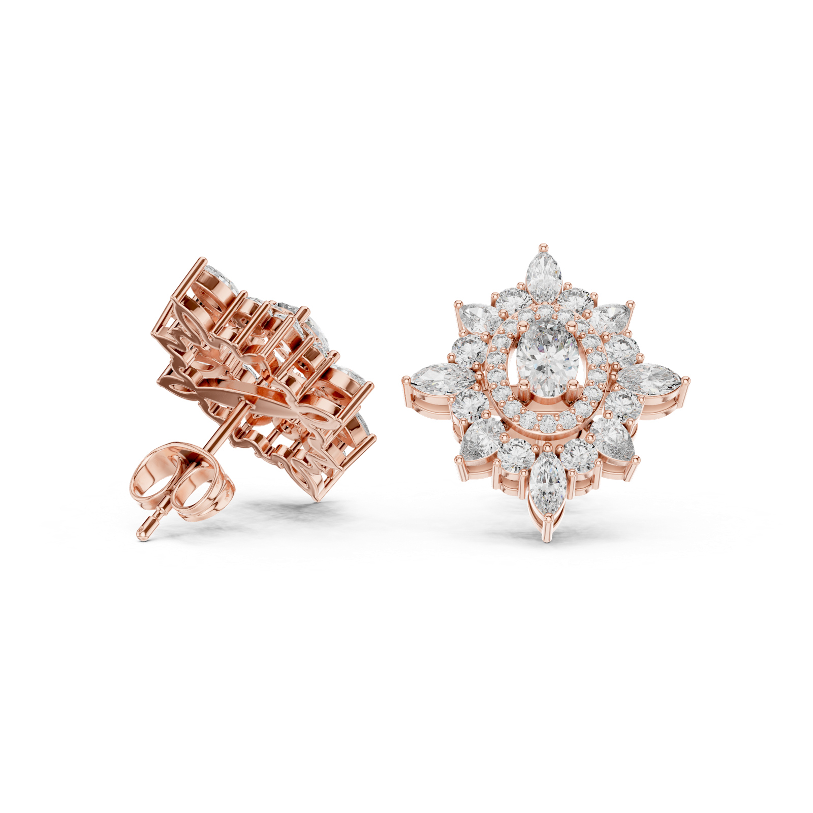 14K Solid Gold Lab Diamond Star Cluster Earrings, Rose Gold, view 1