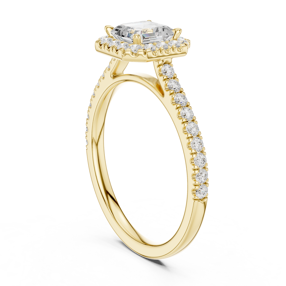 Gold Halo Pave Engagement Ring, Asscher center stone, Yellow Gold, view 1