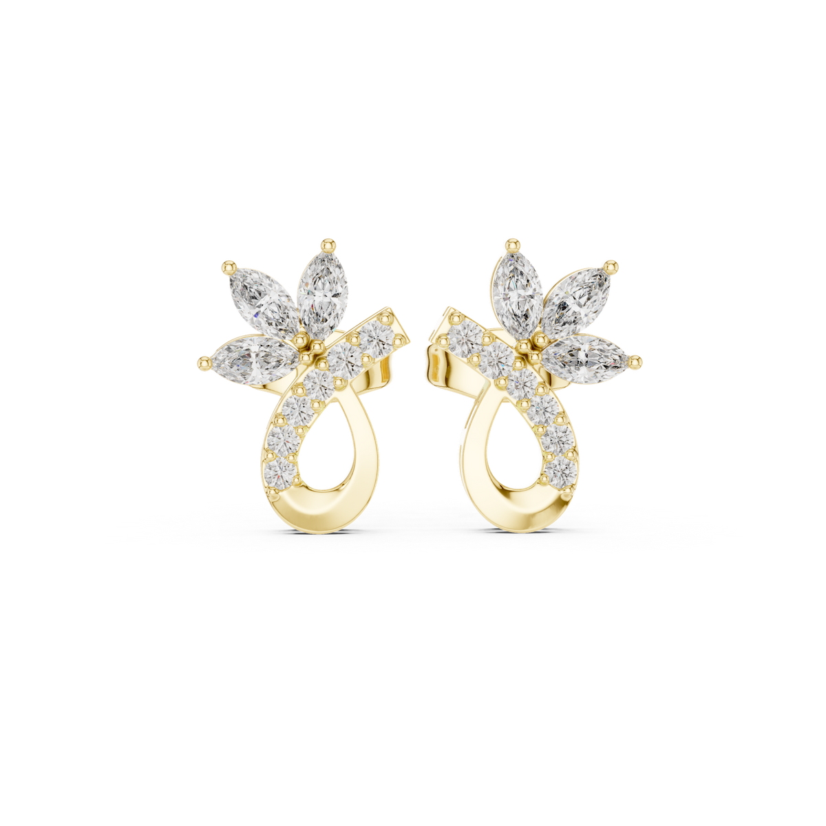 14K Solid Gold Lab Diamond Flower Cluster Earrings, Yellow Gold